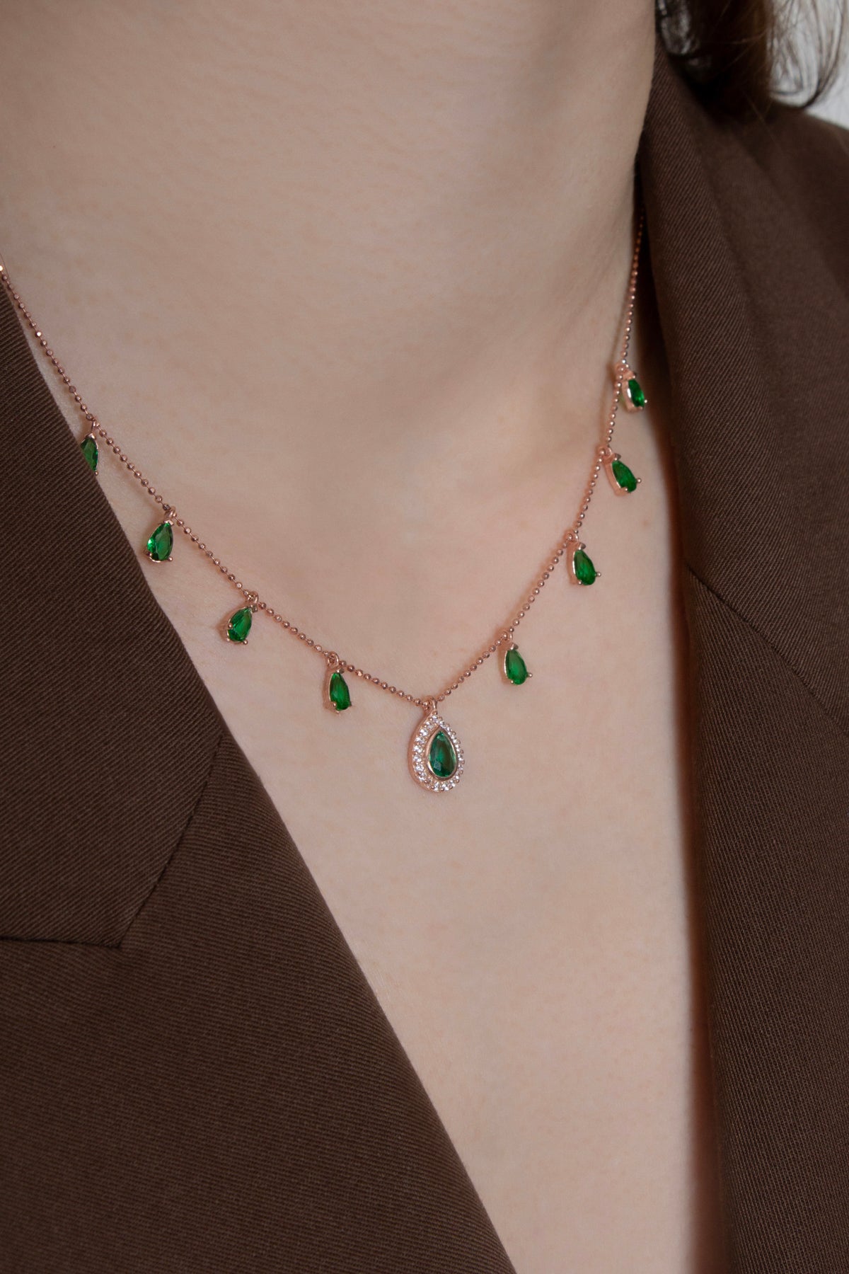 Green 925 Sterling Silver Emerald Zirconium Drop Necklace