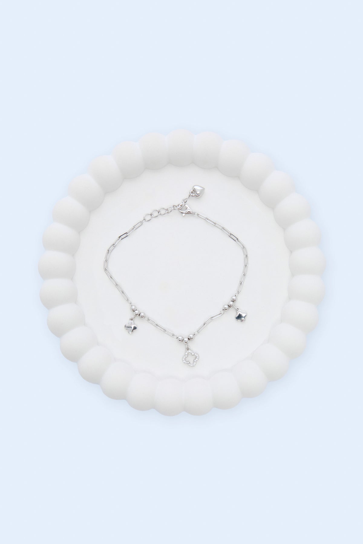 Amore 925 Sterling Silver Clover and Zirconium Chain Bracelet