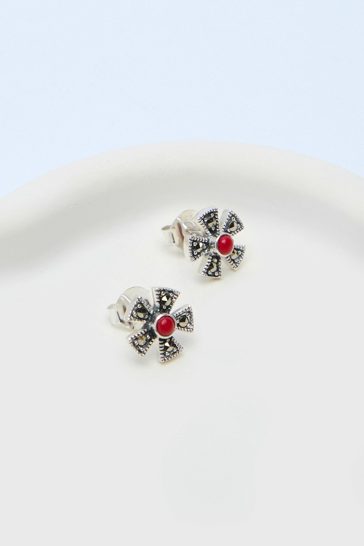 Masha 925 Sterling Marcasite Coral Flower Earrings